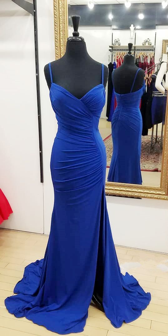Simple Design High Slit Long Blue Cheap Prom Dresses