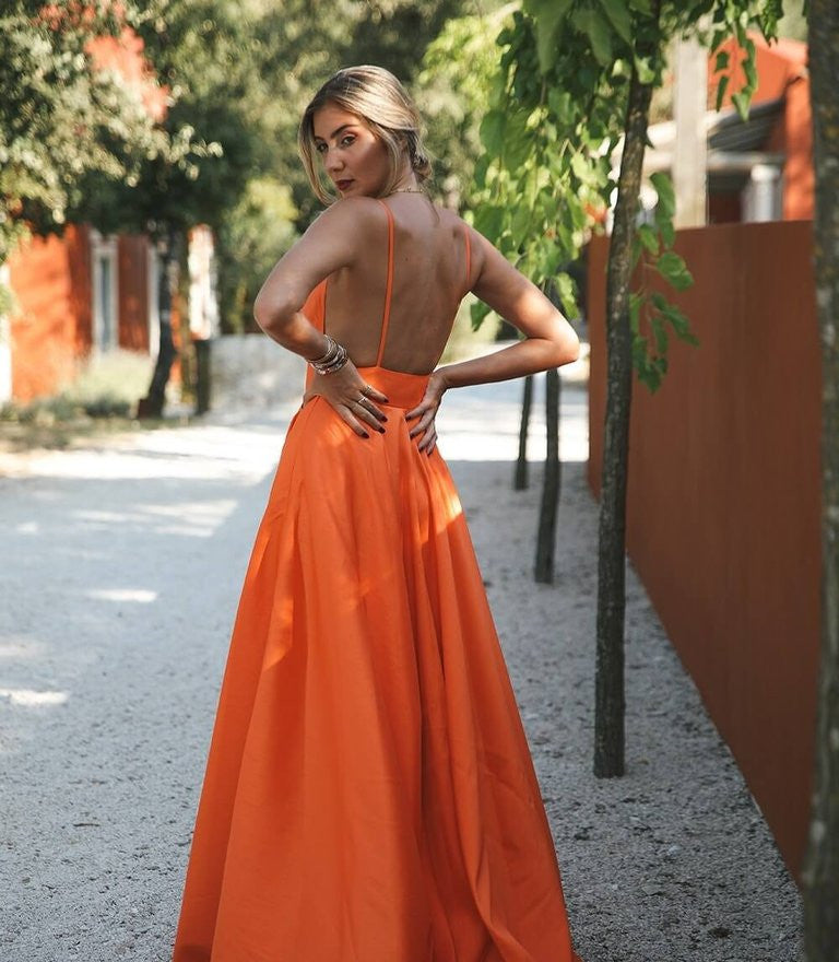 Deep V Neck Orange Color Prom Dresses, A-line Simple Prom Dresses, Satin Evening Party Dresses