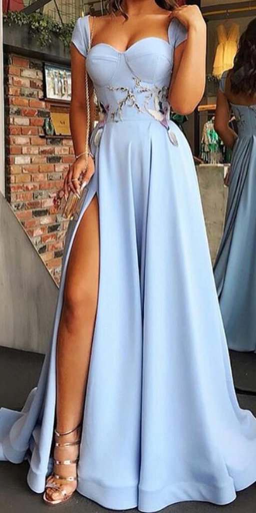 Blue Long Prom Dresses, Sweetheart A Line Side Slit Dresses