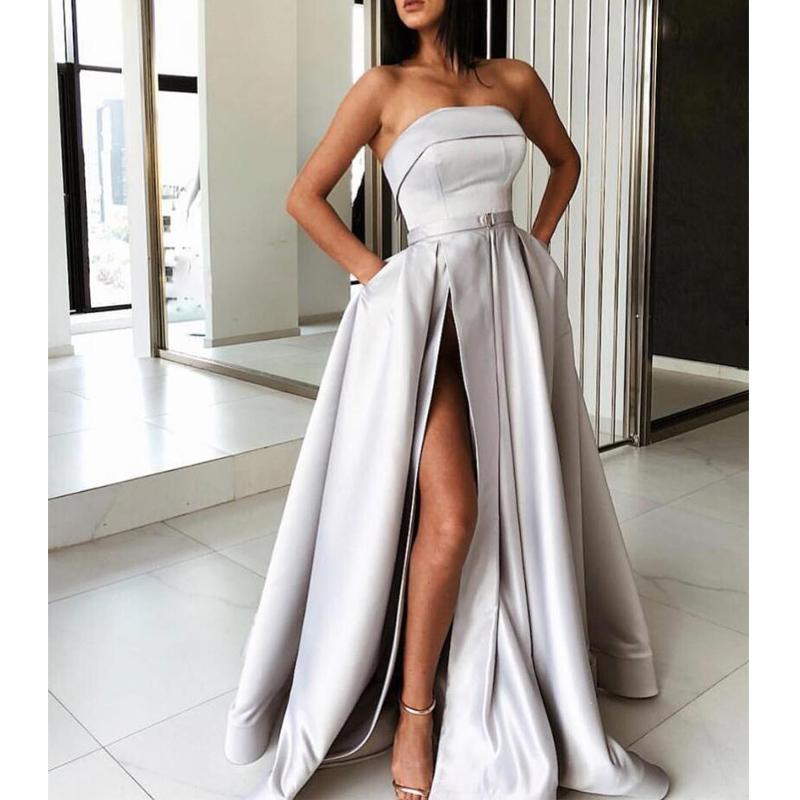 Grey Strapless Long A-line Side Slit Satin Prom Dresses