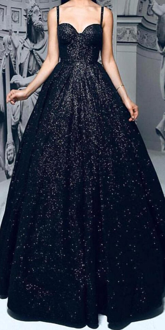 Long A-line Black Sequin Elegant Prom Dresses