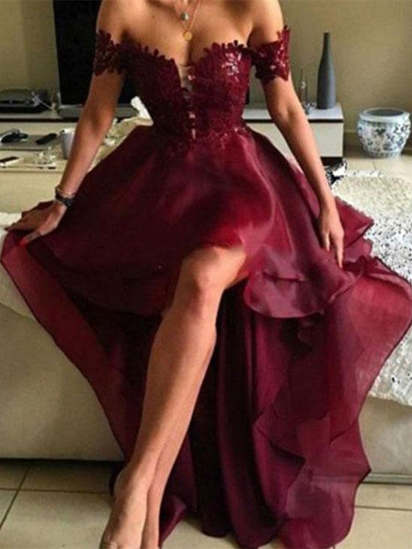 Organza Burgundy High Low Lace Prom Dresses, Off Shoulder Party Dresses
