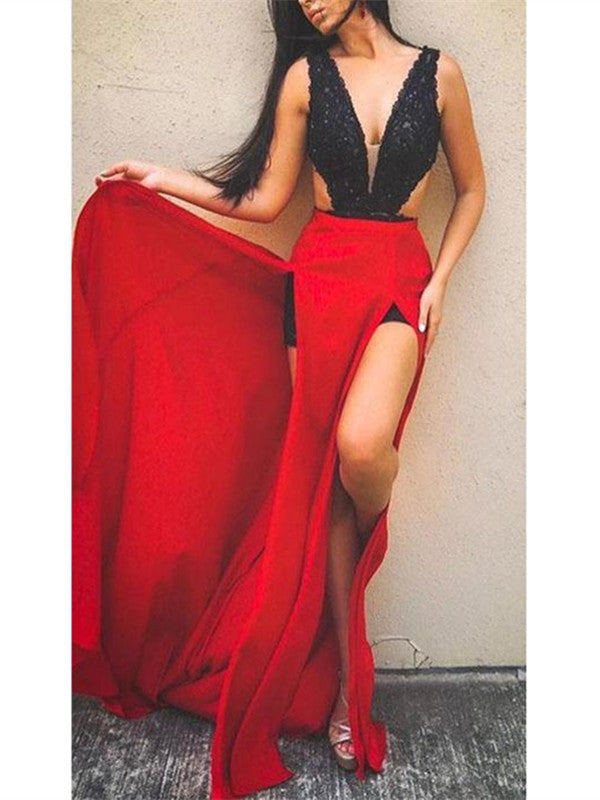 Deep V-neck Long Party Prom Dresses, Red Color Slit Sexy Prom Dresses