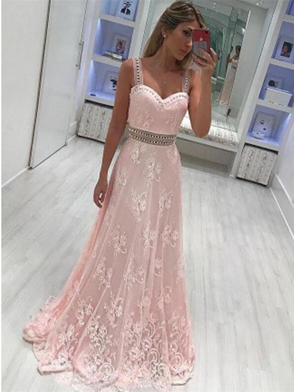 Sweetheart Pink A Line Prom Dresses, Lace Spaghetti Strap Party Dresses