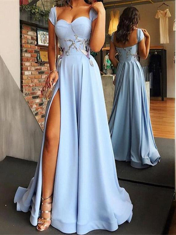 Blue Long Prom Dresses, Sweetheart A Line Side Slit Dresses