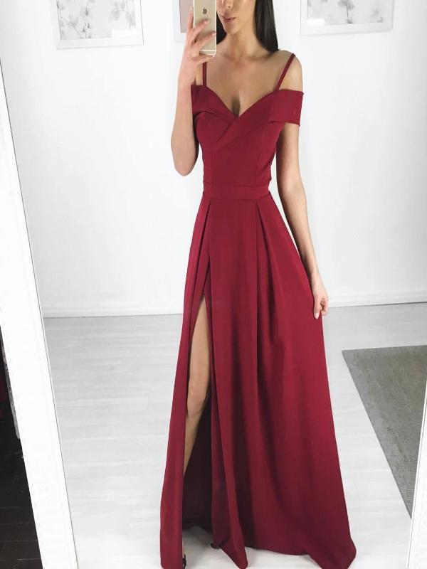 Spaghetti Long A-line Side Slit Simple Design Prom Formal Dresses