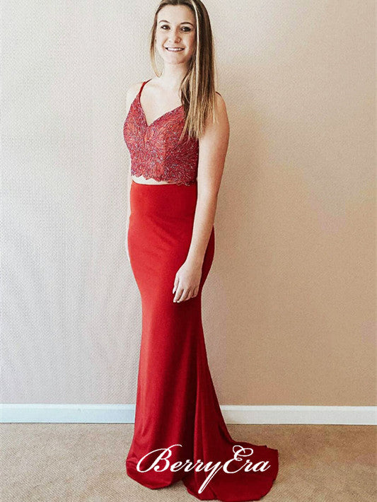 2 Pieces Lace Mermaid Prom Dresses, Red Jersey Prom Dresses, Long Prom Dresses