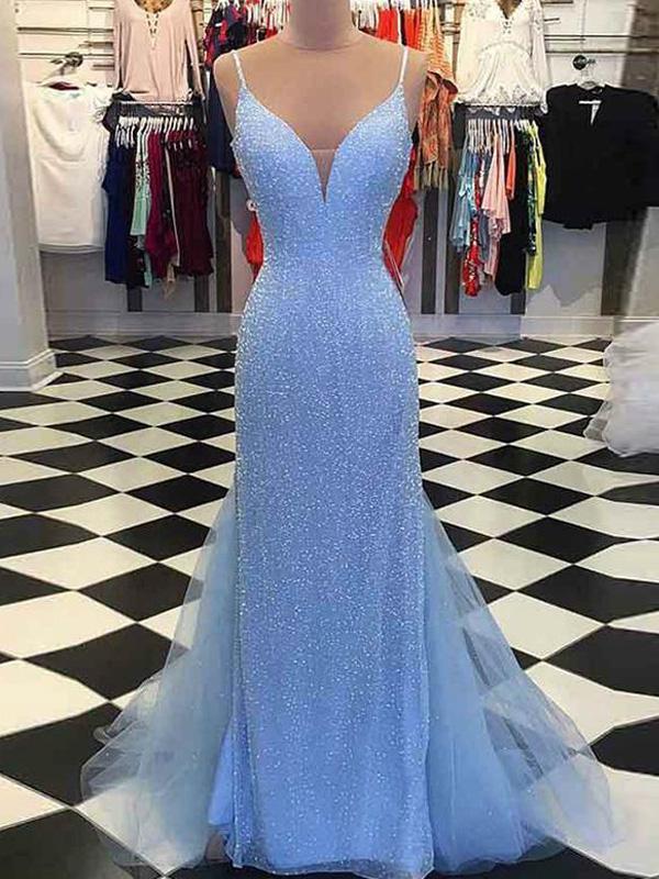 Spaghetti Ling Sheath Sequin Tulle Blue Prom Dresses