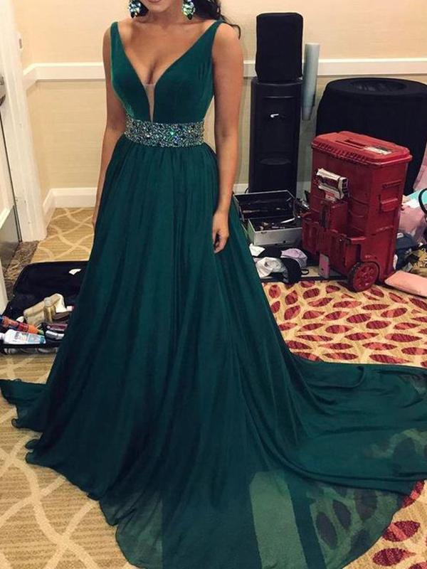 V-neck Emerald Green Chiffon Beaded Prom Dresses