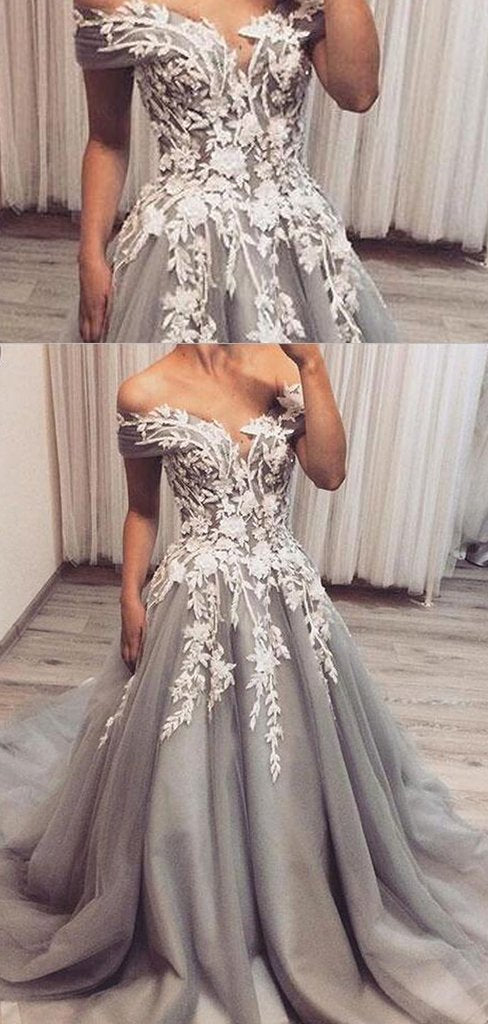 Off Shoulder Long A-line Grey Tulle Lace Prom Dresses