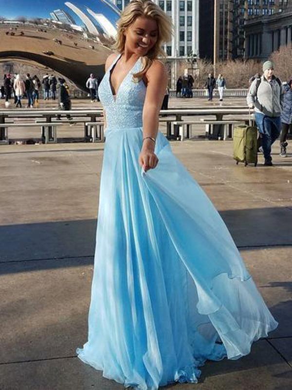 V-neck Blue Sequin Top Long A-line Chiffon Prom Dresses