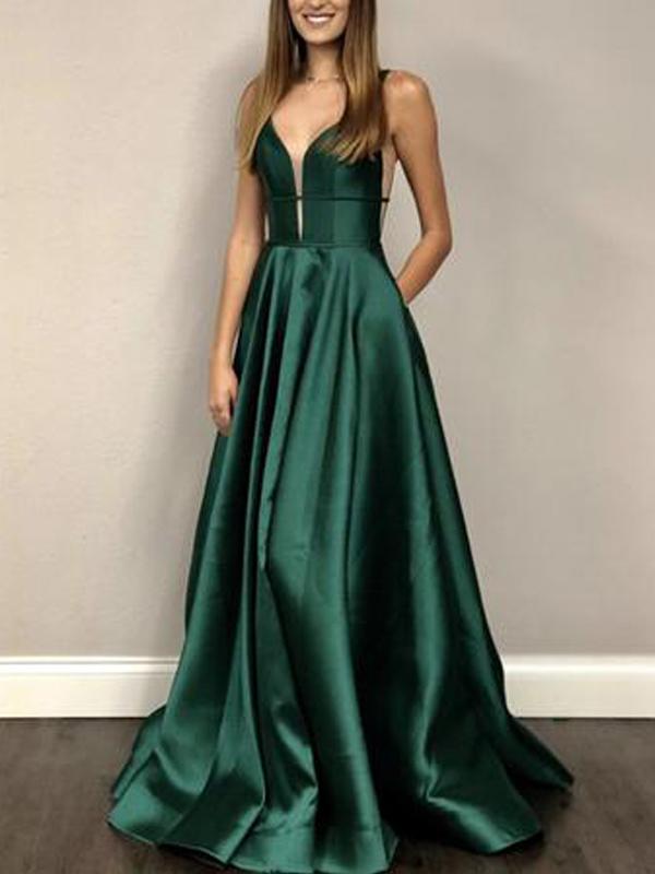 Long A-line Emerald Green Satin Prom Dresses