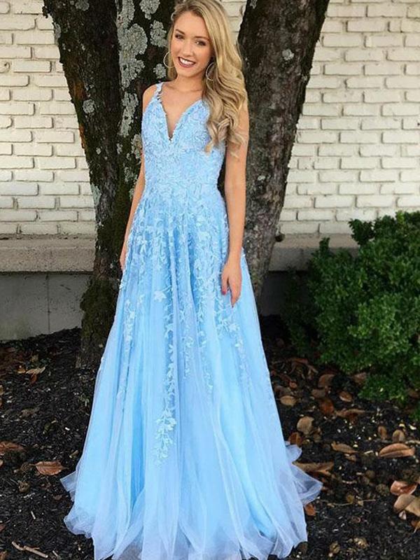 V-neck Blue Lace Tulle Long A-line Prom Dresses