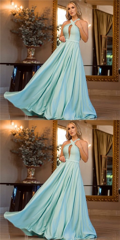 Simple Design Light Blue Satin A-line Prom Dresses