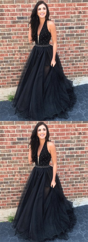 V-neck Black Lace Tulle Beaded Prom Dresses