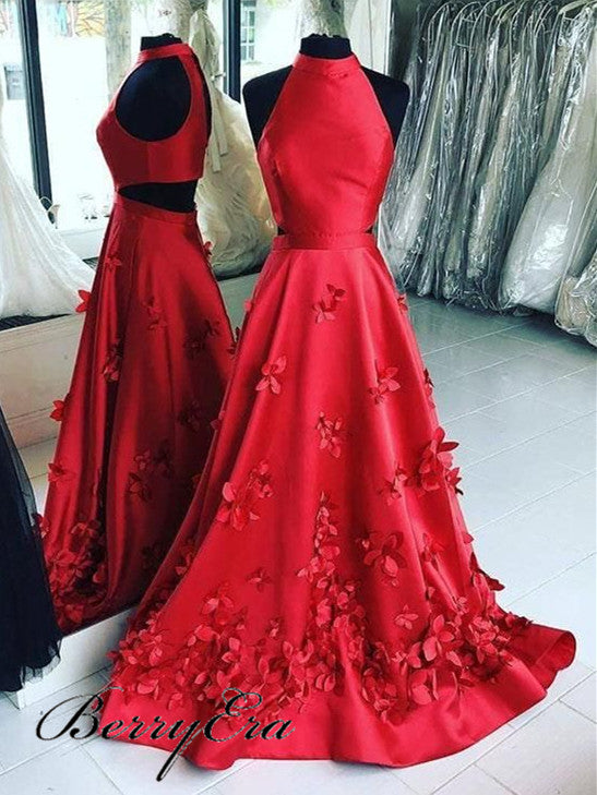 Halter Long A-line Red Satin Prom Dresses, Floral Prom Dresses, Prom Dresses