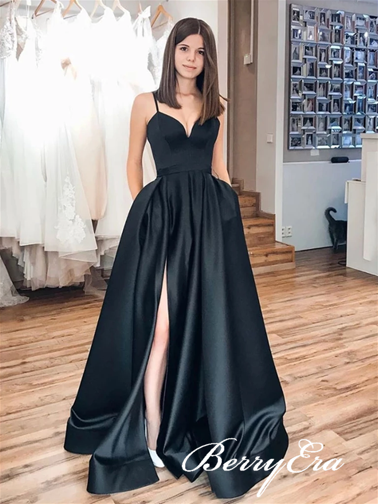 Simple A-line Black Satin Long Prom Dresses, Side Slit Prom Dresses, Elegant Prom Dresses