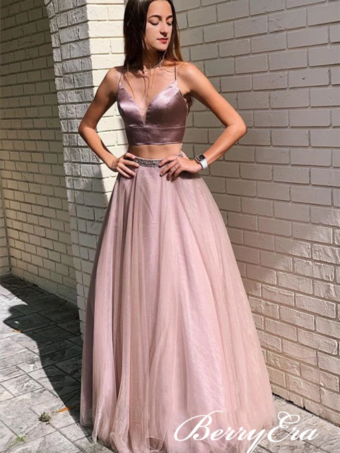 2 Pieces Dusty Rose Satin Top Tulle Long Prom Dresses, Newest Prom Dresses, Prom Dresses