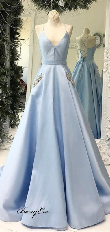 V-Neck Light Blue A-Line Satin Prom Dresses With Pockets Cheap Prom Dresses