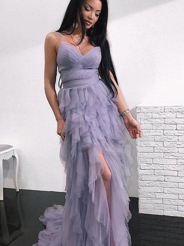 Unique Spaghetti Hi-low Dusty Purple Tulle Prom Dresses