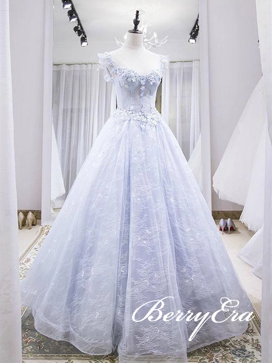 Cap Sleeves Long A-line Lace Tulle Prom Dresses, Gorgeous Lace Ball Gown, Affordable Prom Dresses