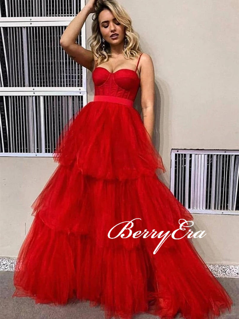 Spaghetti Long A-line Red Tulle Prom Dresses, Layers Long Prom Dresses, 2020 Prom Dresses