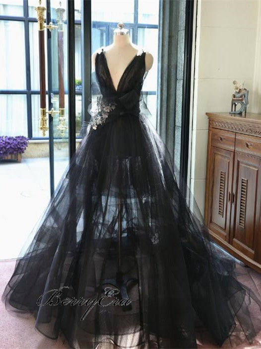 V-neck Black Tulle Transparent Prom Dresses, Long Prom Dresses, Prom Dresses