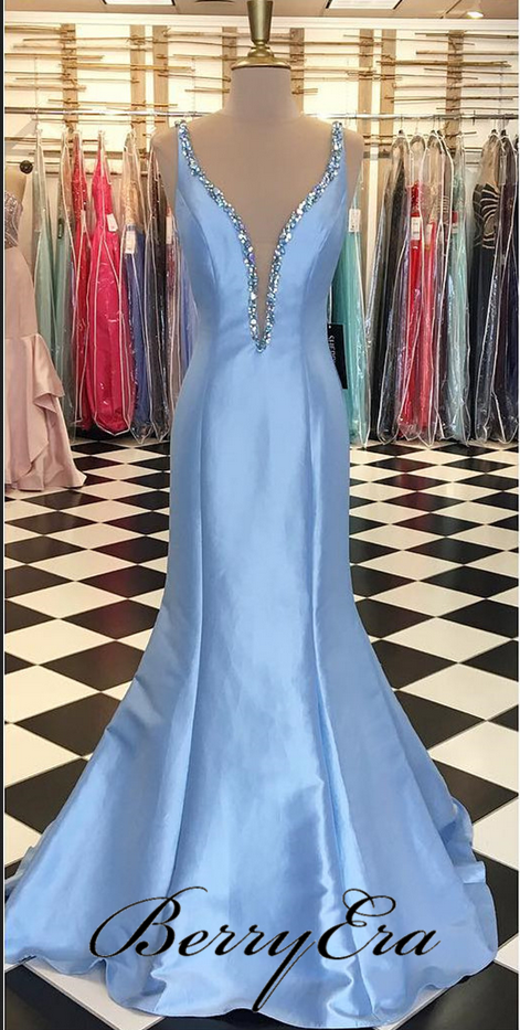 Deep V-neck Long Mermaid Light Blue Satin Prom Dresses, Beaded Prom Dresses