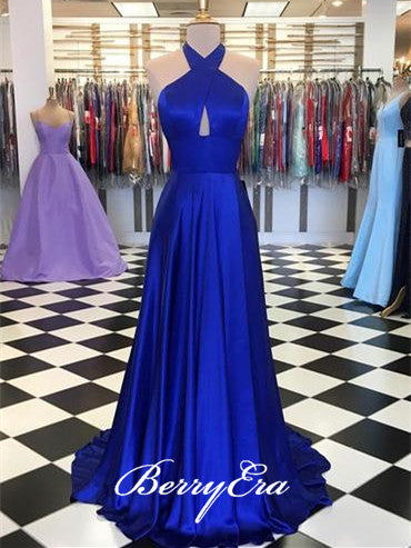 Halter Royal Blue Long Prom Dresses, Simple Elastic Satin Prom Dresses
