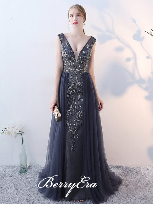 V-neck Dark Grey Rhinestone Beaded Tulle Prom Dresses, Popular Prom Dresses
