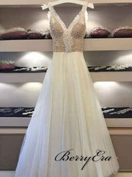 V-neck Ivory Tulle Beaded Prom Dresses, Long Prom Dresses, Lovely Prom Dresses