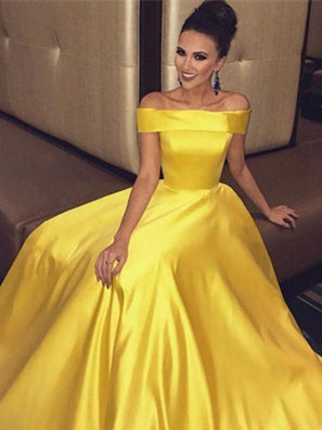 Off Shoulder Long A-line Yellow Satin Prom Dresses, Popular Prom Dresses, Prom Dresses