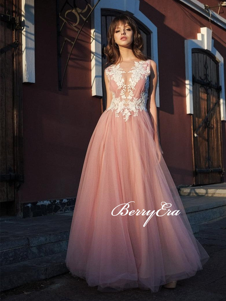 Pink Tulle A-line Lace Appliques Prom Dresses, Long Prom Dresses, Elegant Long Prom Dresses