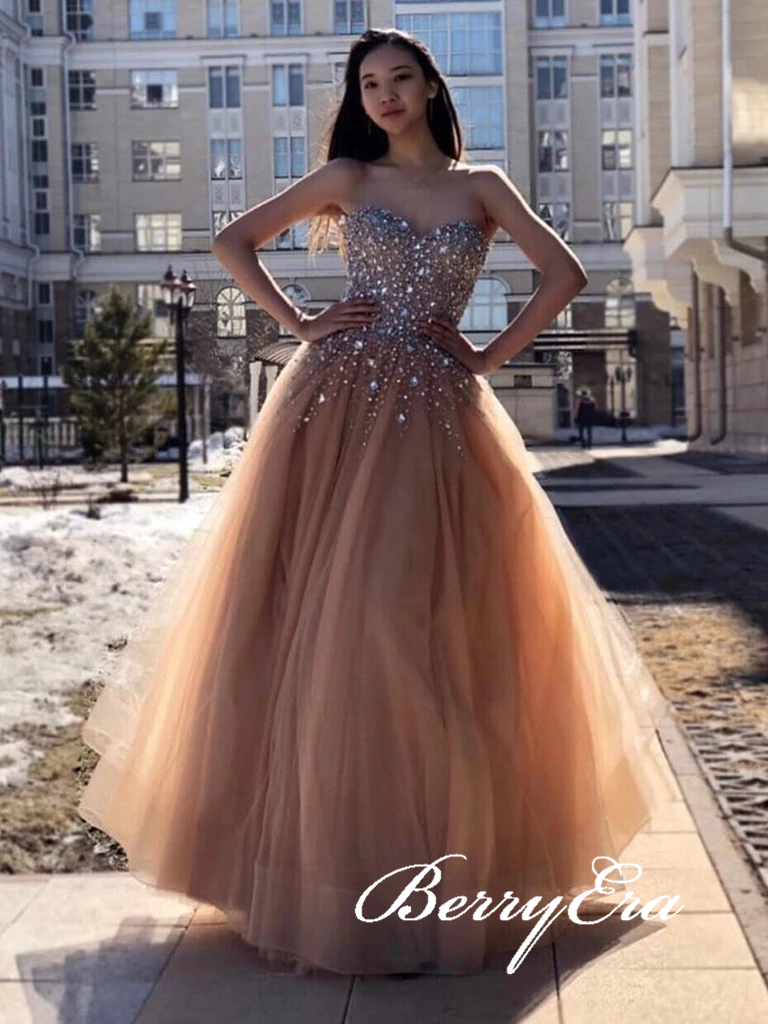 Sweetheart Rhinestone Beaded Long A-line Tulle Prom Dresses, Lovely Long Prom Dresses