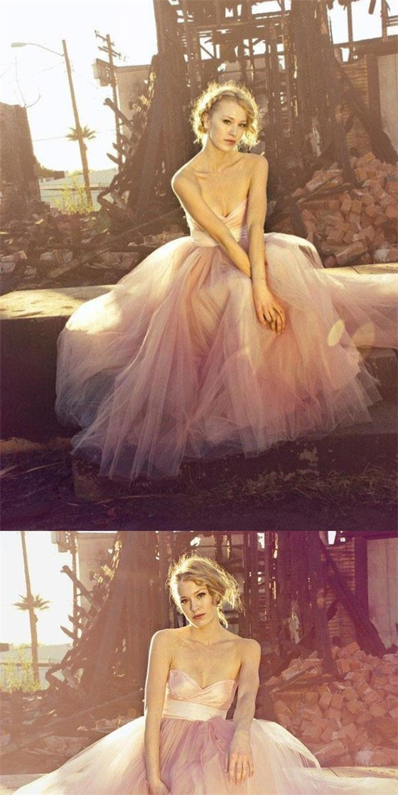 Light Pink Sweetheart Long A-line Tulle Prom Dresses