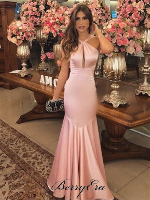 Sexy Long Mermaid Pink Prom Dresses, Elastic Satin Prom Dresses, Prom Dresses