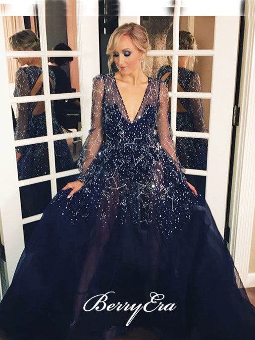 Long Sleeves Sparkle Navy Beaded Long A-line Prom Dresses