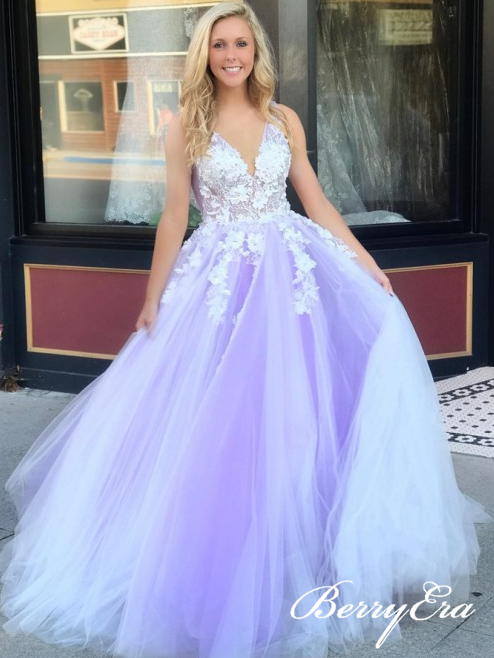 V-neck Long A-line Purple Tulle Lace Long Prom Dresses, New Arrival Prom Dresses