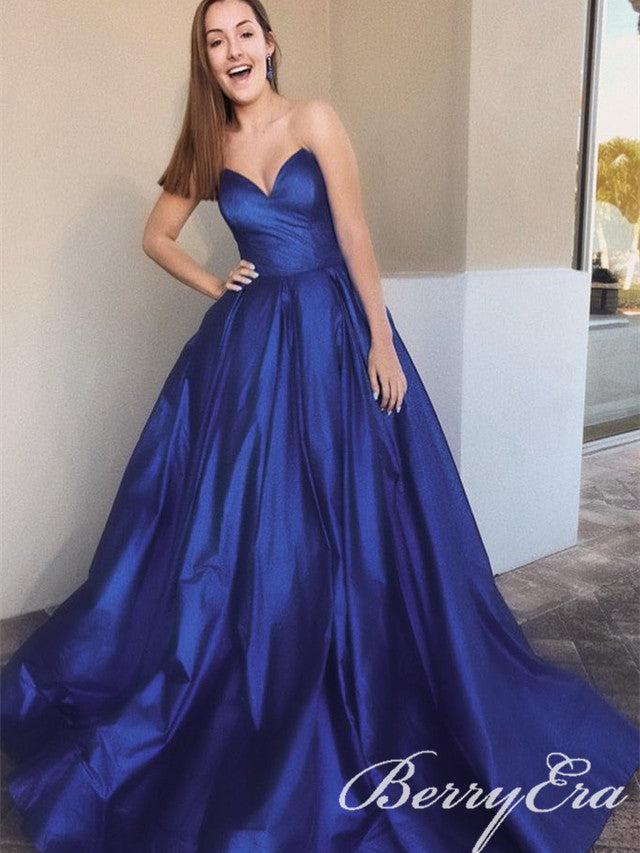 Sweetheart Long A-line Royal Blue Satin Prom Dresses, A-line Simple Prom Dresses
