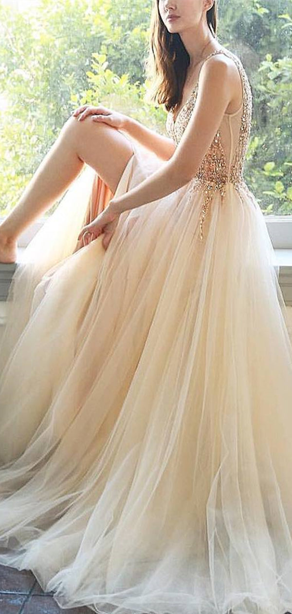 Long A-line Beaded Tulle Prom Dresses, Newest Prom Dresses