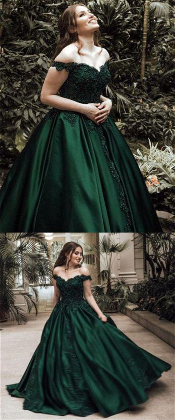 Off Shoulder Emerald Green Lace Satin Prom Dresses