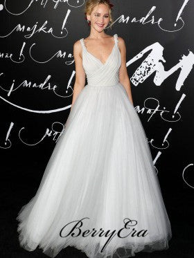 Jennifer Lawrence Off White Tulle A-line Long Prom Dresses