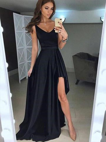 Simple Black Hi-low Satin Prom Dresses, Cheap Prom Dresses, Long Prom Dresses