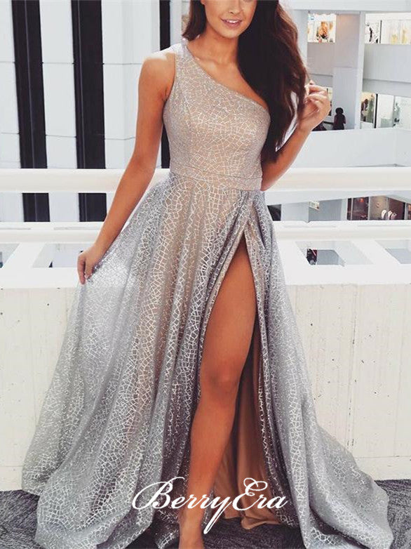 One Shoulder Silver Sequin Tulle Prom Dresses, Side Slit Prom Dresses, Prom Dresses