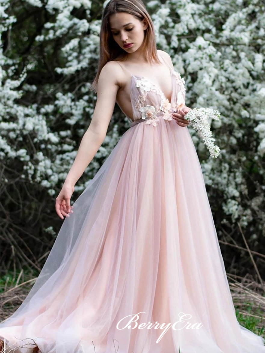 Spaghetti Pink Tulle Prom Dresses, Appliques Prom Dresses, Romantic Long Prom Dresses, Cheap Prom Dresses