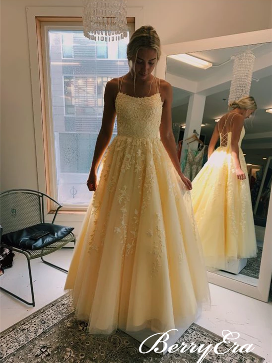 Lovely Yellow Lace Long A-line Prom Dresses, Lace Up Prom Dresses, Prom Dresses