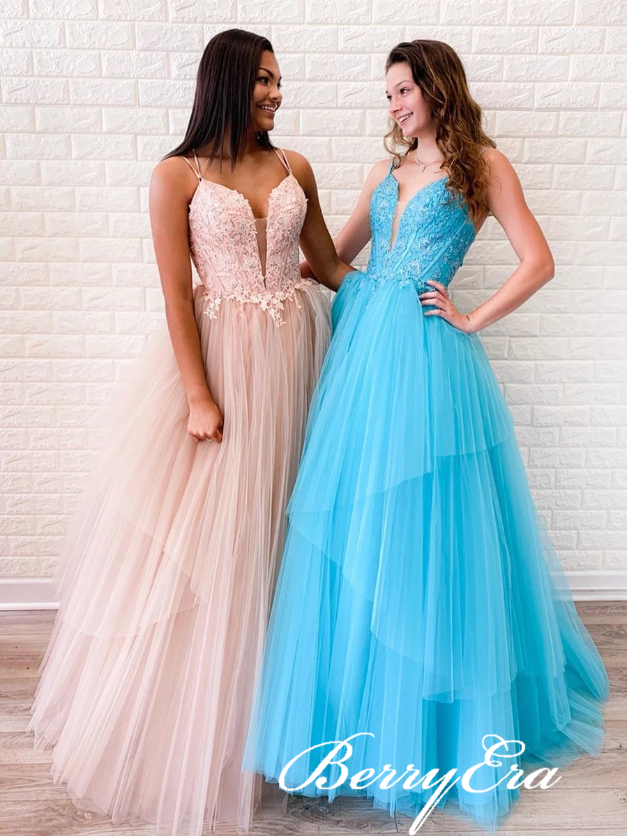 Lovely Lace Top Tulle Long Prom Dresses, Newest Prom Dresses, Popular Prom Dresses