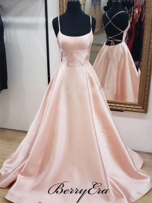 Long A-line Pink Satin Prom Dresses, Affordable Prom Dresses, Newest Prom Dresses