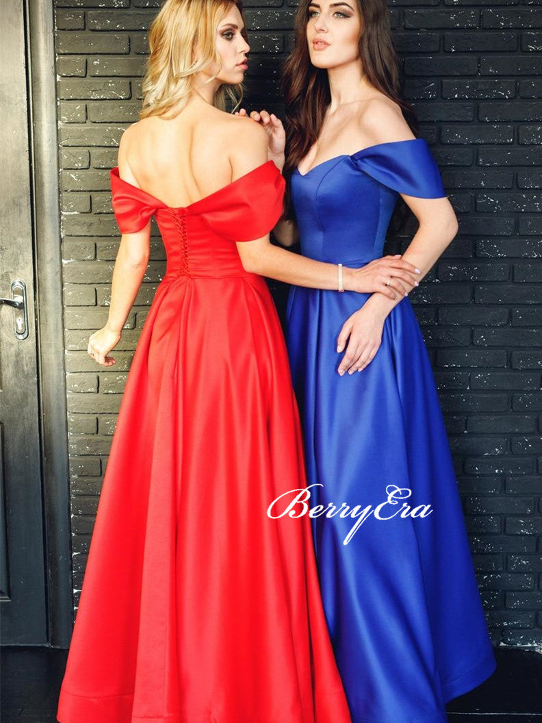 Off Shoulder Long A-line Satin Prom Dresses, Side Slit Prom Dresses, Simple Elegant 2020 Prom Dresses