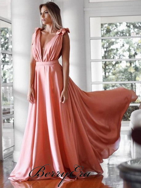 Deep V-neck Long A-line Prom Dresses, Peach Prom Dresses, Popular Prom Dresses